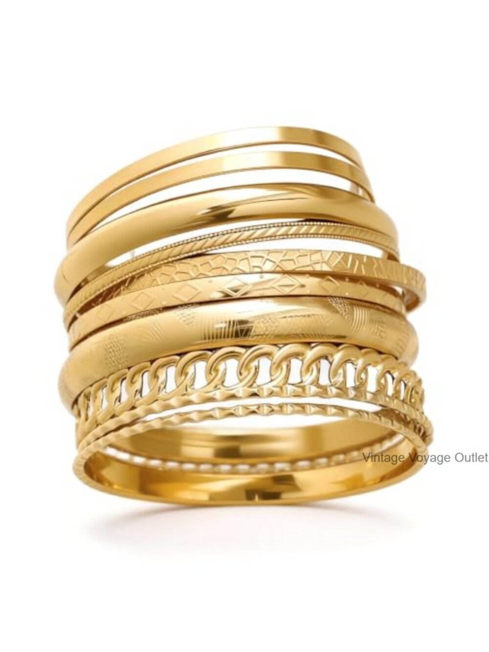 Gold Plated Bangle Bracelets Stackable Set Textured Chunky Boho Stacking